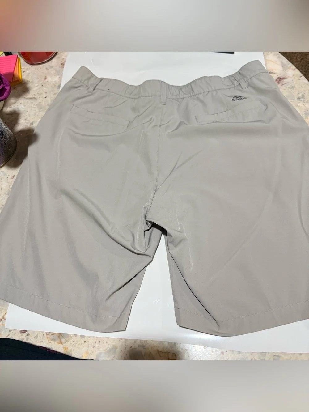 adidas Men’s Gray Solid Chino Shorts Flat Front Logo Button Microfiber
